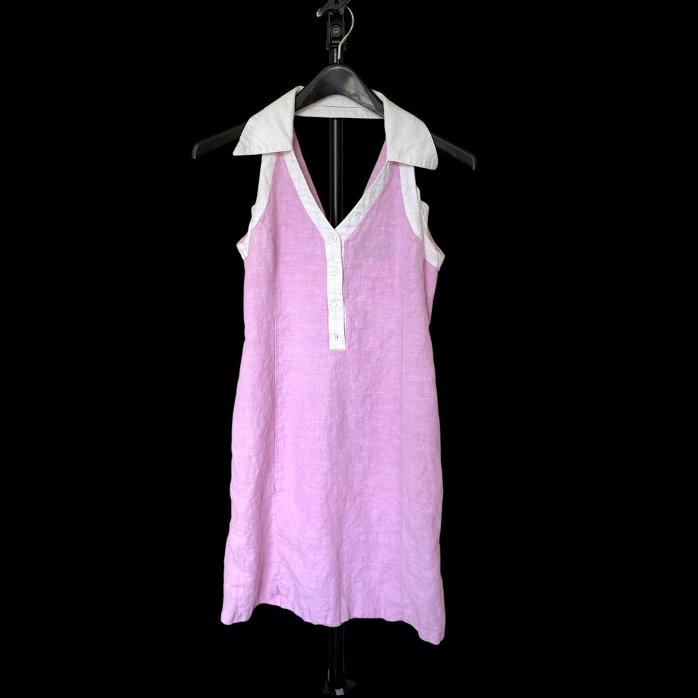 Harve Benard Vintage Pink Linen Halter Mini Dress White Collar Tennis Style‎